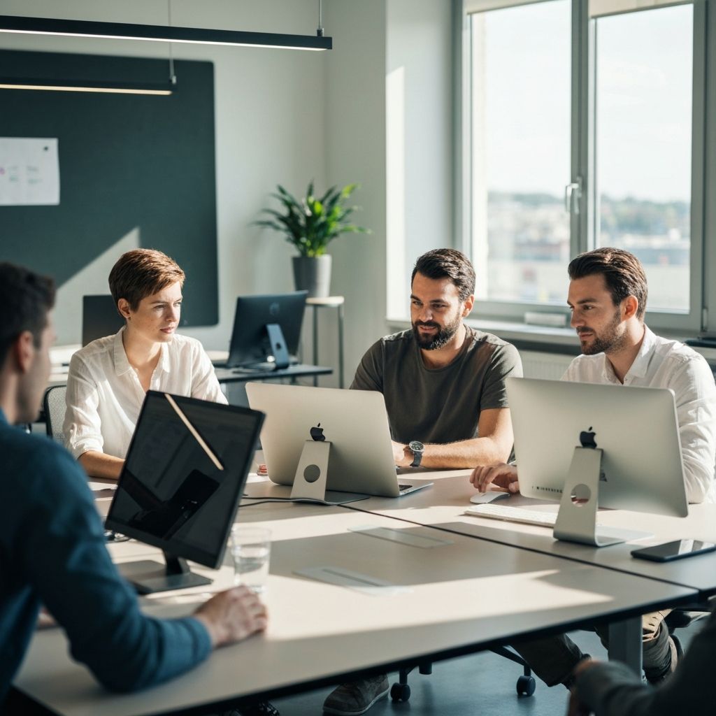 Helles modernes Büro in Österreich, Team trifft sich am Schreibtisch, professionelle Bildungsumgebung