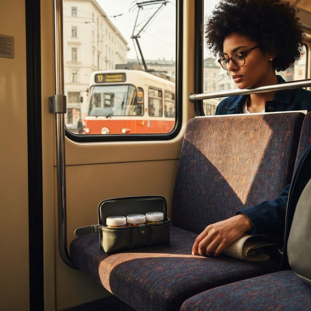 Stilvolles Etui mit Supplementbehältern in der Wiener Straßenbahn, praktisches Reiseszenario, tragbare Routine