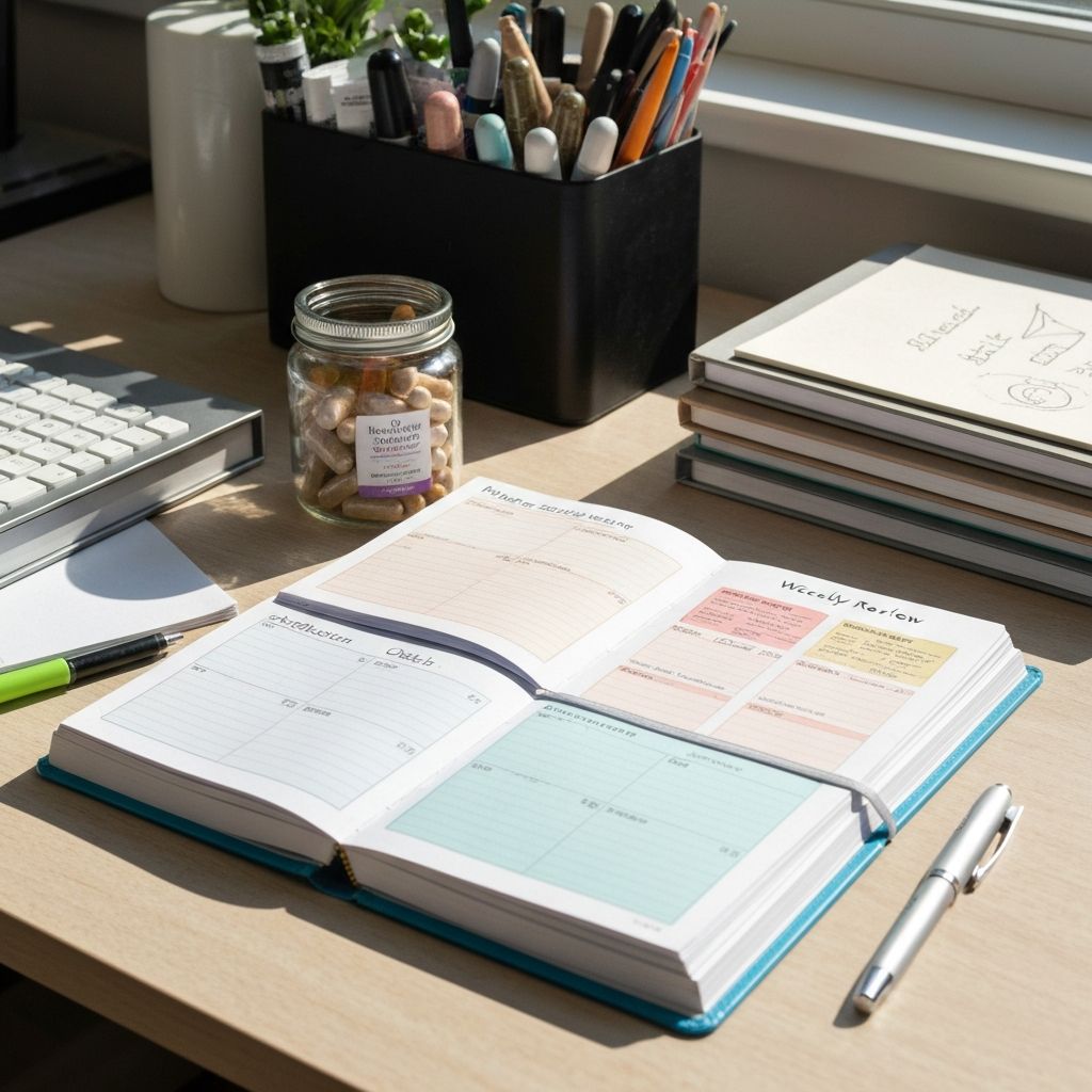 Wöchentlicher Planner offen auf dem Schreibtisch mit Supplementglas daneben, Stift bereit für Notizen, Reflexions-Check-in-Seite